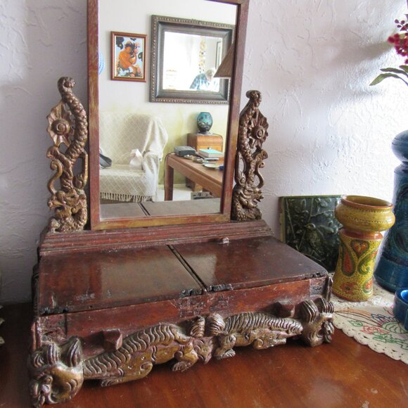 Antique Wood Vanity Mirror and Box